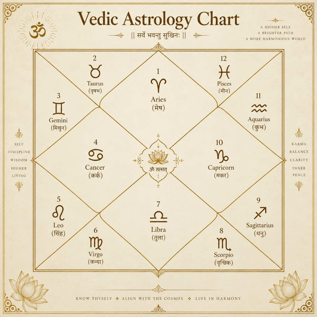 A North-Indian style Vedic astrology birth chart with all twelve zodiac signs labelled in their houses.