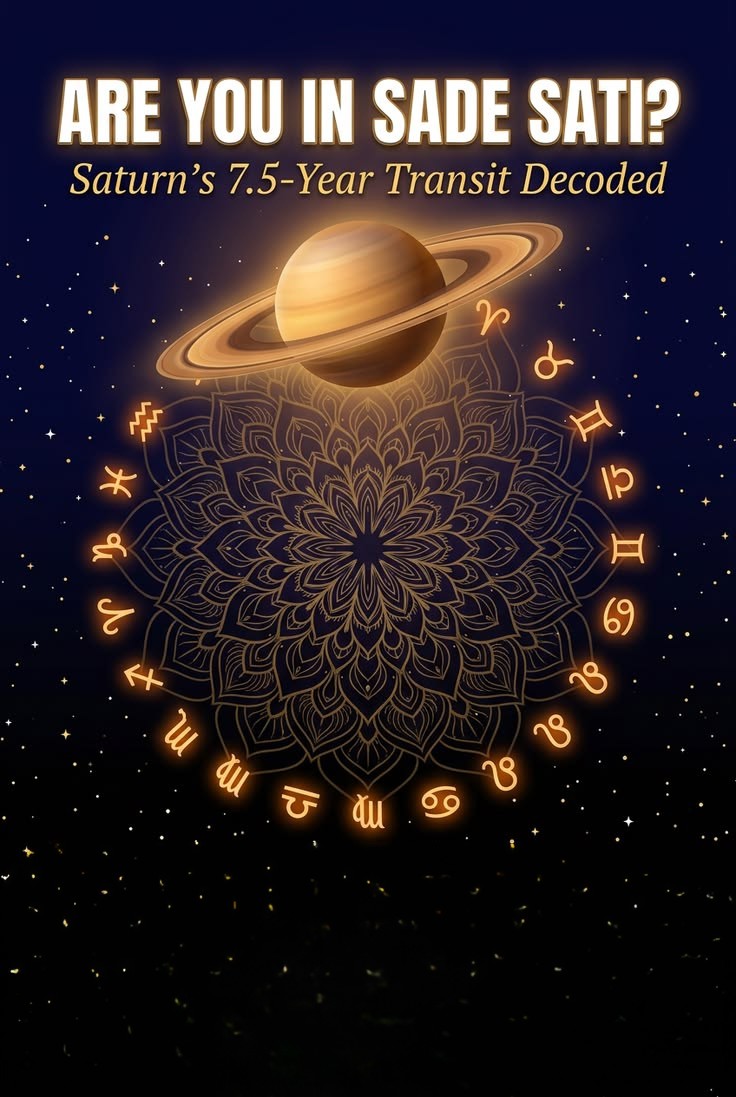 Saturn above a glowing mandala ringed by the zodiac signs, with the words “Are you in Sade Sati?”